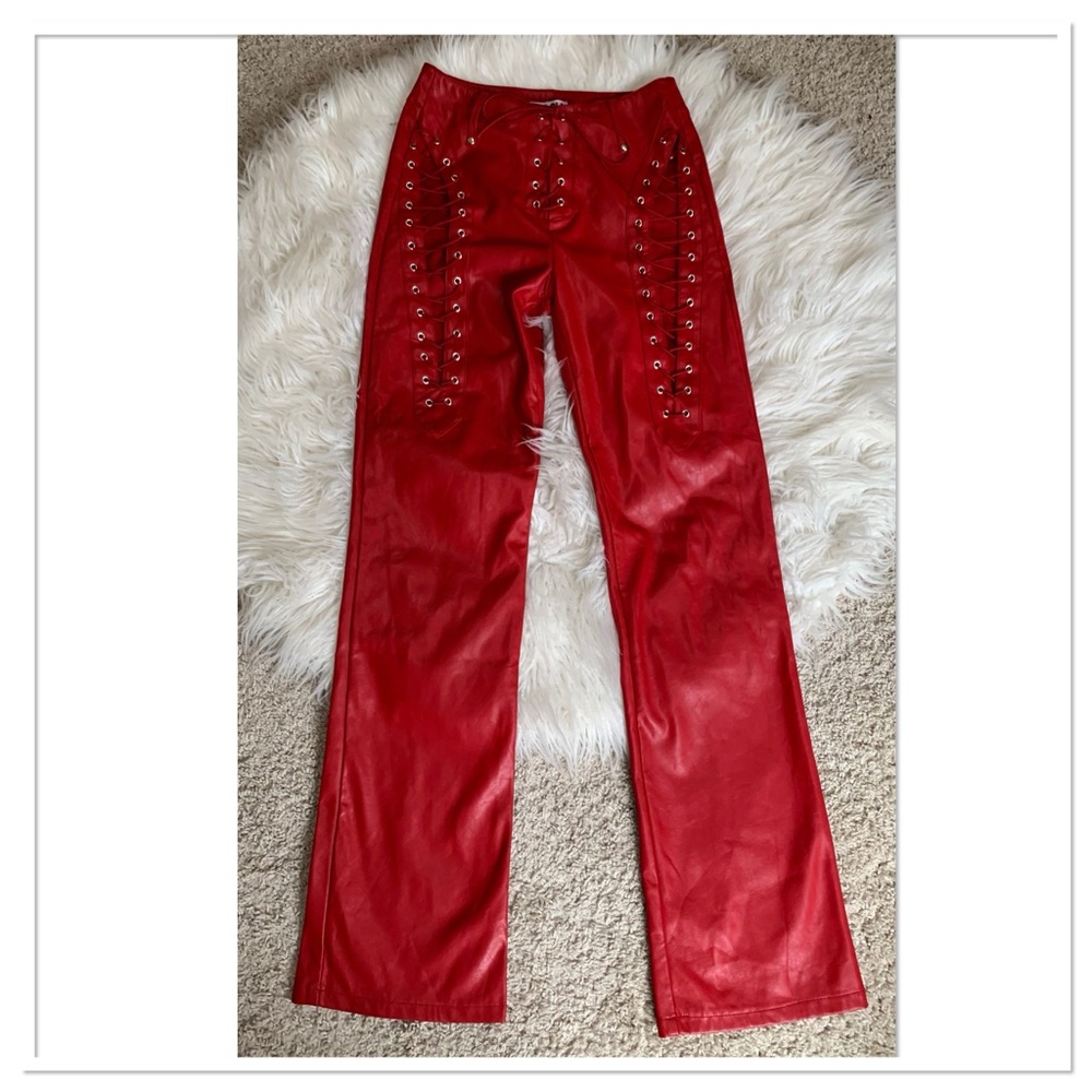 I.AM.GIA Red Faux Leather Lace-Up Straight Leg Pants
